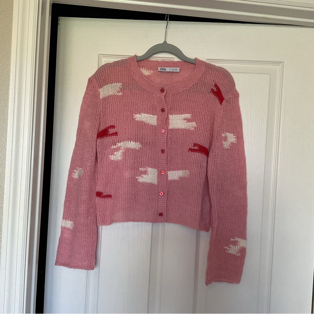 Zara Pink Knit Cropped Cardigan with White and Red Accents